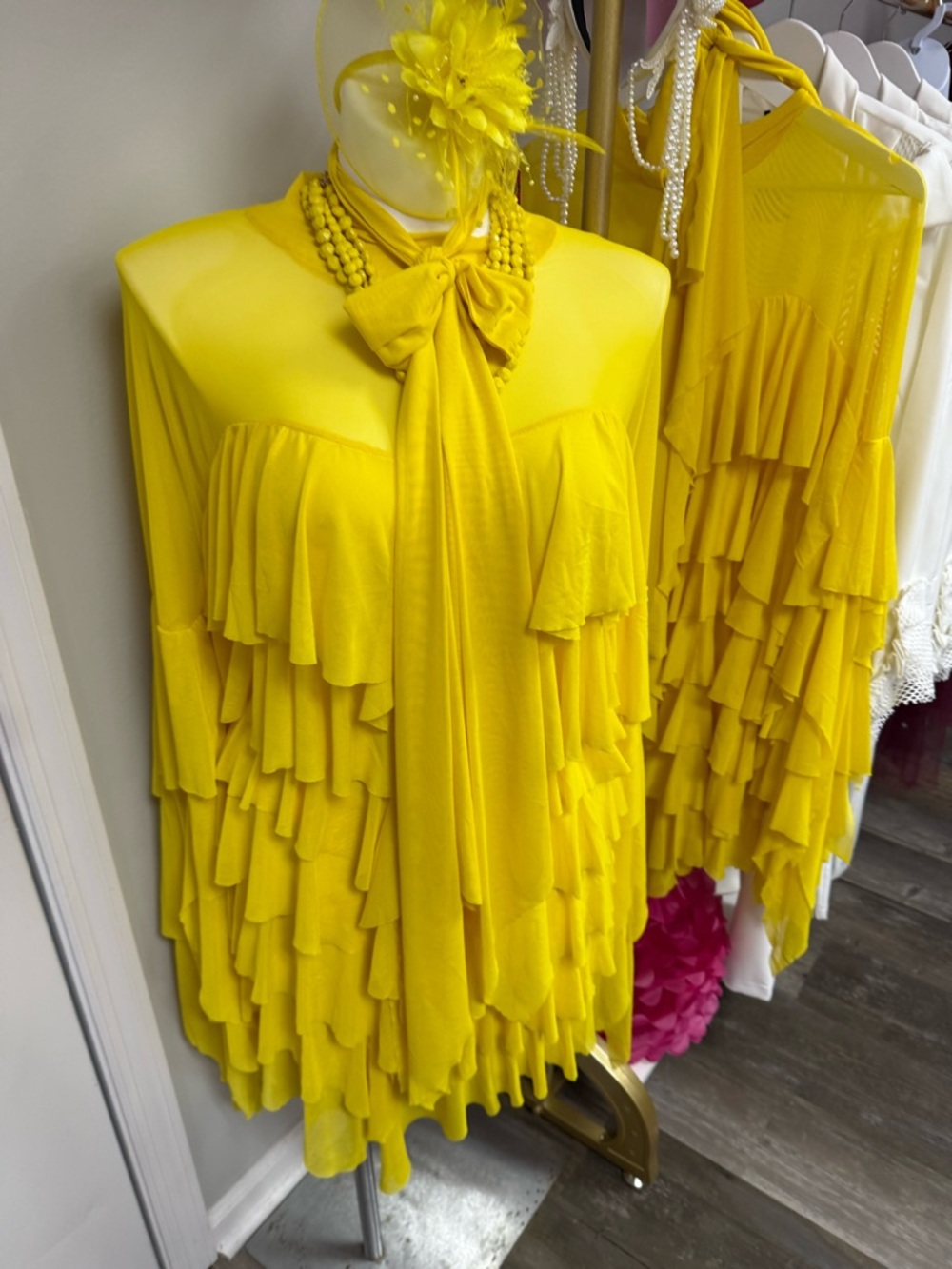 Bright Yellow Ruffle Tie-Neck Mini Dress - Picture 4 of 4